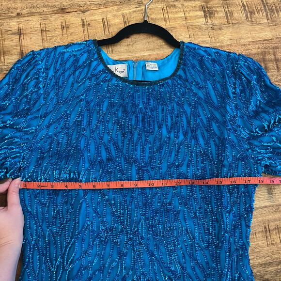 Vintage Laurence Kazar Sequin Sheath Dress L Silk Blue Beaded Party Costume 80s - Picture 15 of 16